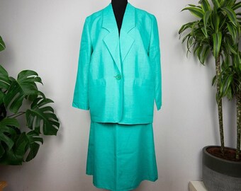 Vintage Turquoise Linen Cotton Blend Skirt Suit