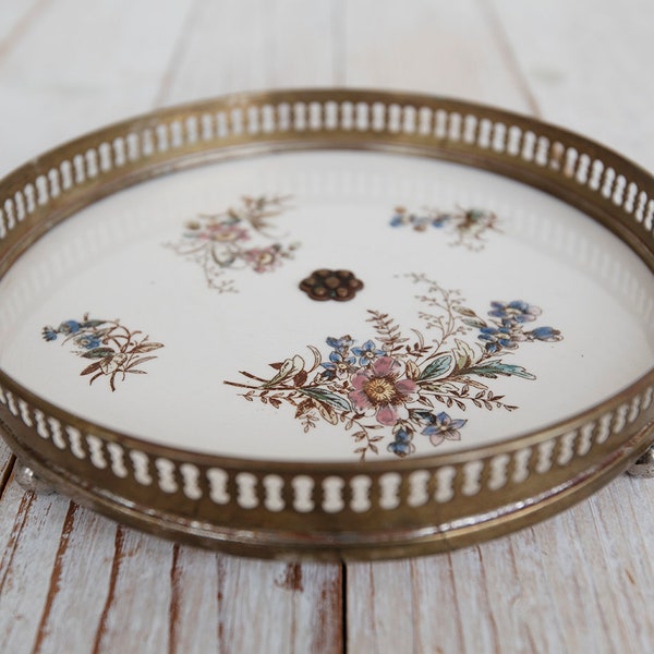 Vintage Porcelain and Metal Art Deco Round Floral Tray