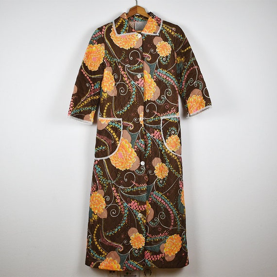 Vintage Brown and Orange Floral Long Button Front