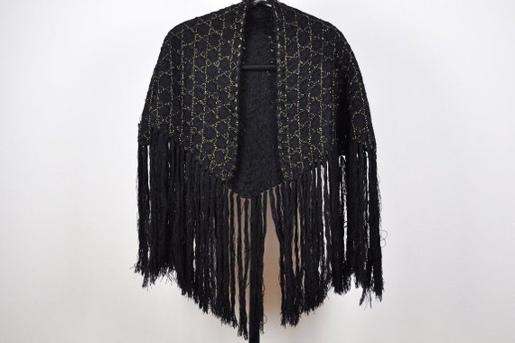 Vintage Black and Gold Hand Knit Fringed Wrap Sca… - image 2