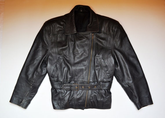 Vintage Black Leather Diagonal Zipper Up Belted Bi