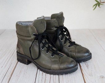 Vintage Pepe Jeans London Olive Green Leather Lace Up Ankle Boots