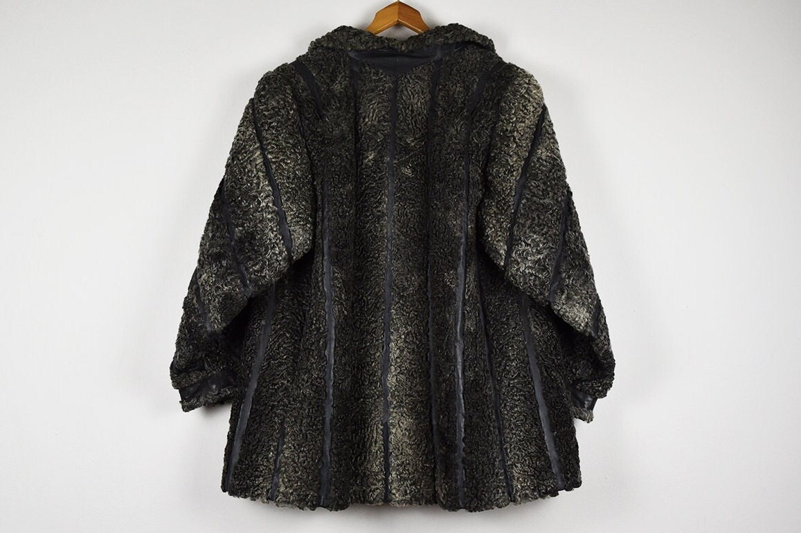 Vintage Grey Curly Genuine Lamb Fur and Leather Stripes Winter