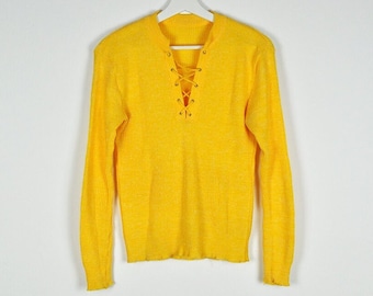 Vintage Yellow Ribbed Knit Lace Up V Neck Long Sleeve Pullover Sweater Top