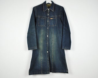 Vintage Blue Denim Long Sleeve Button Down Midi Dress