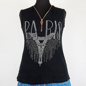 Vintage Black Paris Eiffel Tower Reflection Rhinestone Tank Top