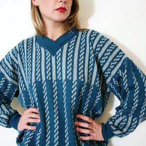 Vintage Teal Knit V Neck Slouchy Sweater image 2