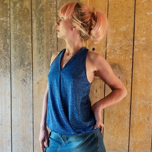 Vintage Blue Metallic Racerback Wrap Top