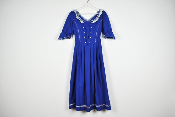 Vintage Blue Puffy Sleeve Pleated Prairie Dress