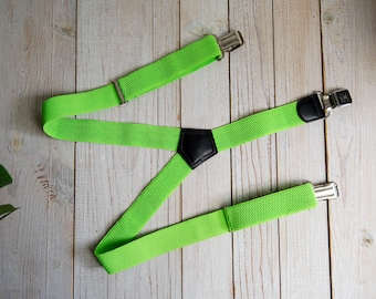 Vintage Wide Neon Green Clip On Suspenders Adjustable Braces