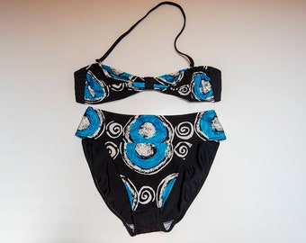 Vintage Black and Blue Bandeau Bikini