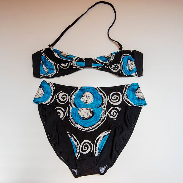 Vintage Schwarz Blau Bandeau Bikini