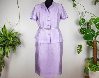 Vintage Lavender Purple Silk Two Piece Skirt and Blouse Dress Set