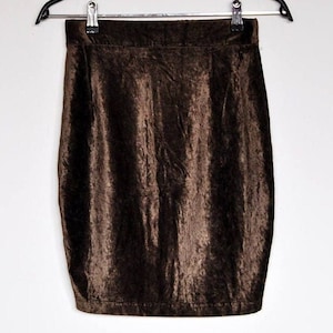 Vintage Stretchy High Waist Brown Crushed Velvet Mini Pencil Skirt image 1