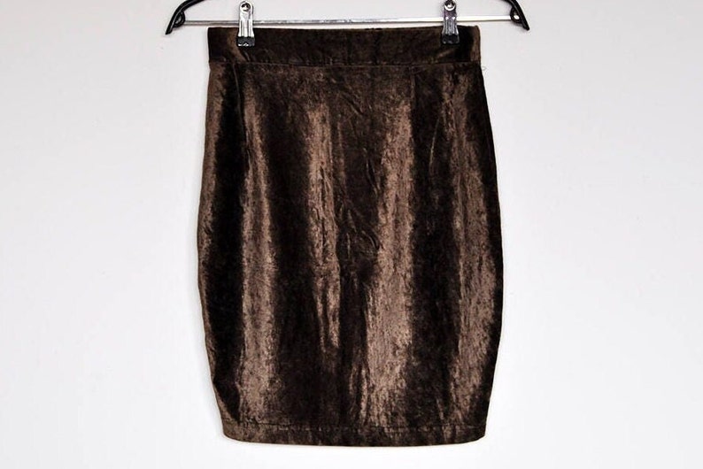 Vintage Stretchy High Waist Brown Crushed Velvet Mini Pencil Skirt image 1