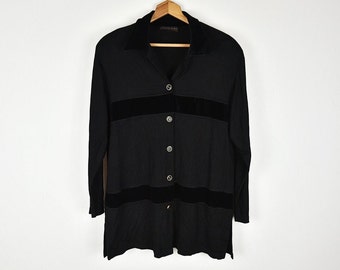 Vintage Black Semi Sheer and Velvet Striped Long Button Up Blouse