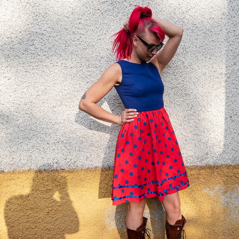 Vintage Blue and Red Polka Dot Sleeveless Midi Dress image 3