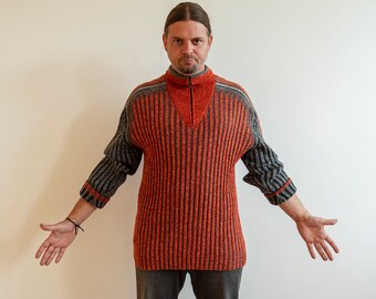 Suéter vintage de punto acanalado con cuello con cremallera y color naranja y gris
