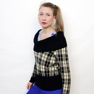 Vintage Black and Cream Plaid Cowl Neck Sweater image 4