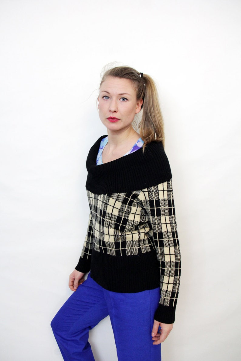 Vintage Black and Cream Plaid Cowl Neck Sweater image 4