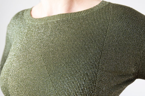 Vintage Metallic Green Fitted Knit Slit Bell Slee… - image 9