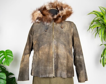 Vintage Leather and Fur Hooded Zip Up Jacket
