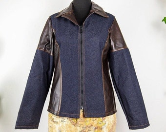 Vintage Dark Blue Stretchy Denim and Brown Faux Leather Zipper Jacket