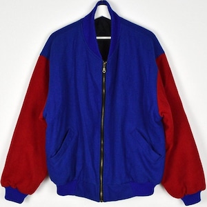 Vintage Blue and Red Boiled Wool Colorblock Oversized Bomber Jacket