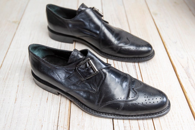 Vintage Mens Classic Black Leather Wingtip Dress Buckle Oxford Shoes image 8
