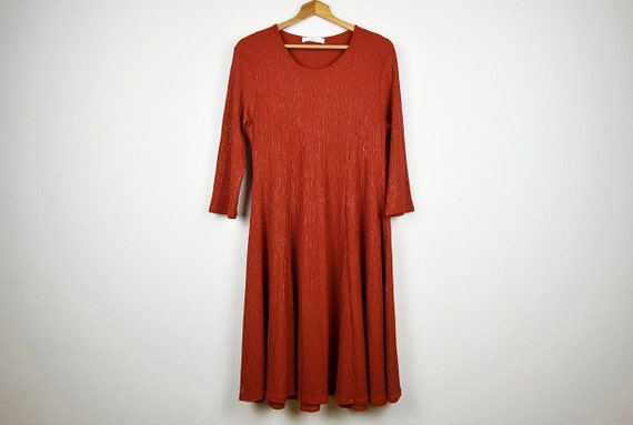 Vintage Metallic Burnt Orange Ribbed Knit Flared Midi Dress Etsy