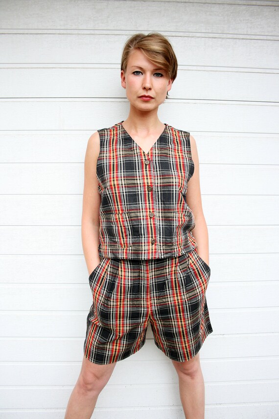 Vintage Plaid Vest and Shorts Two Piece Set