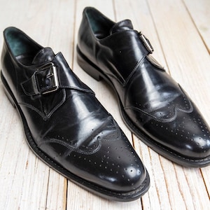 Vintage Mens Classic Black Leather Wingtip Dress Buckle Oxford Shoes image 1