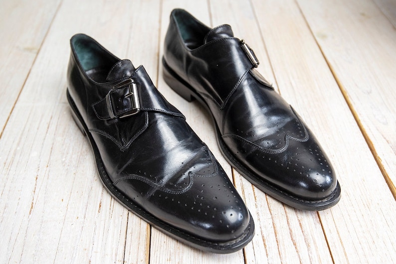 Vintage Mens Classic Black Leather Wingtip Dress Buckle Oxford Shoes image 1