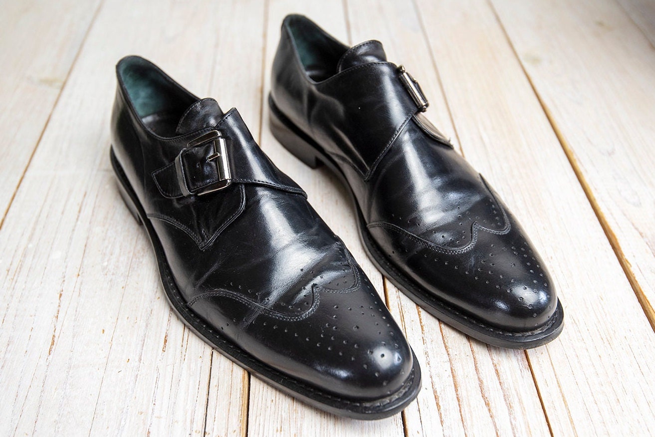 Vintage Wingtip Oxford Shoes Mens 9.5D/B All Leather Black Classic Dark Academia Black Wingtip Solid Dress Shoes for Men for sale | eBay main image 3