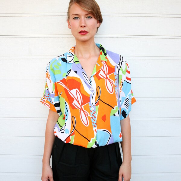 Vintage 80s Bright Abstract Pattern Elastic Waist Shirt Top