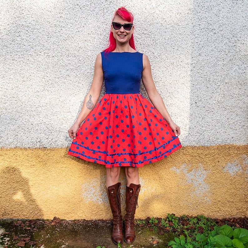 Vintage Blue and Red Polka Dot Sleeveless Midi Dress image 1