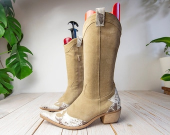 Vintage Beige Suede Leather Snake Skin Accents Zip Up Western Boots