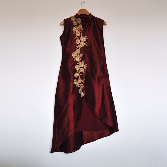 Vintage Oriental Silk Metallic Burgundy Red and Go