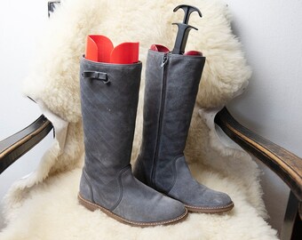 Vintage Gray Suede Leather Tall Flat Winter Boots