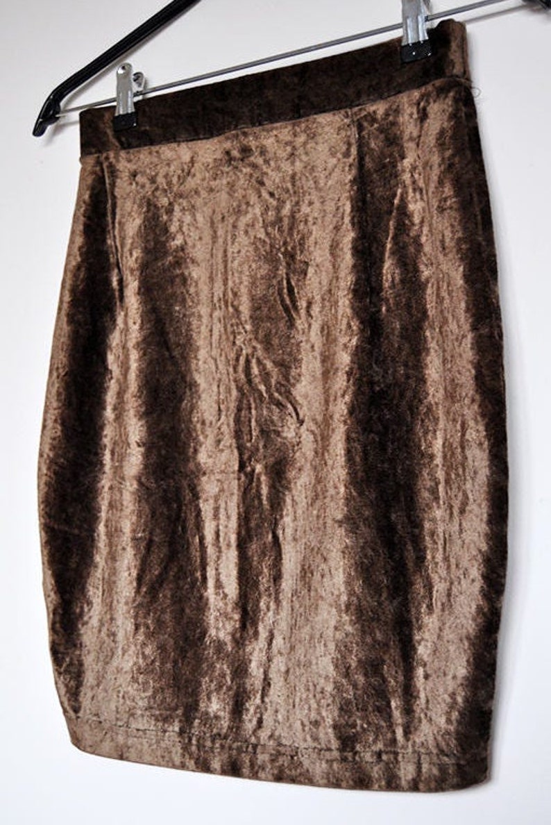 Vintage Stretchy High Waist Brown Crushed Velvet Mini Pencil Skirt image 3