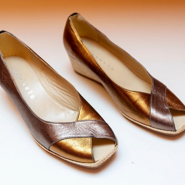 NOS Vintage Silver and Gold Metallic Leather Peep Toe Wedge Heel Shoes