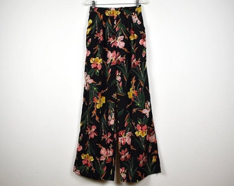 Vintage Black Colorful Floral Print High Waist Extra Long Wide Leg Palazzo Pants