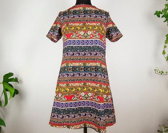 Vintage Colorful Busy Print Short Sleeve Open Back Mini Dress