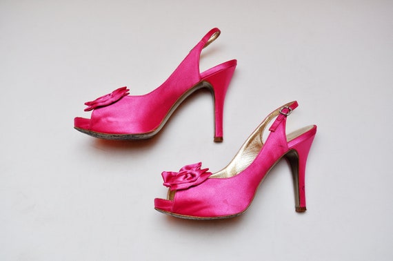 pink satin bow heels