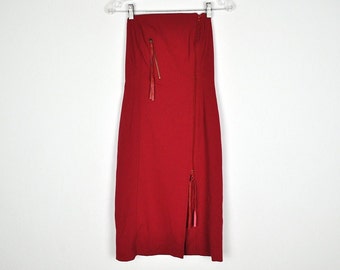 Vintage Red Zippered Strapless Fitted Midi Dress