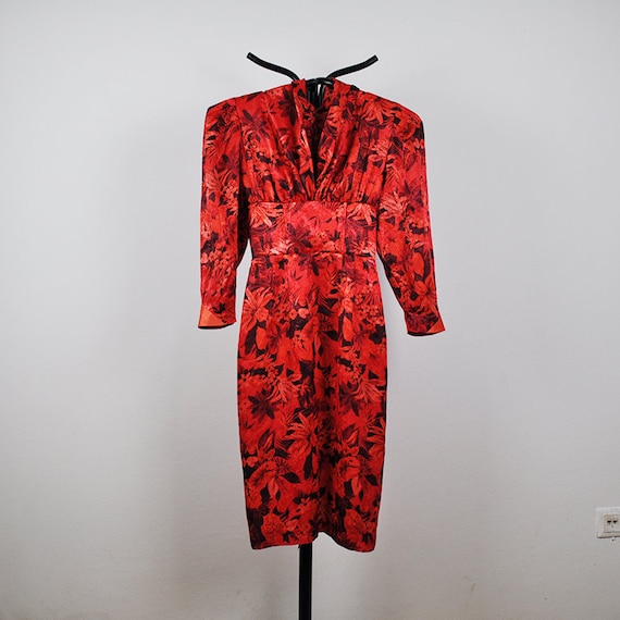 Vintage Red Floral Puffy Sleeves Wiggle Midi Silk