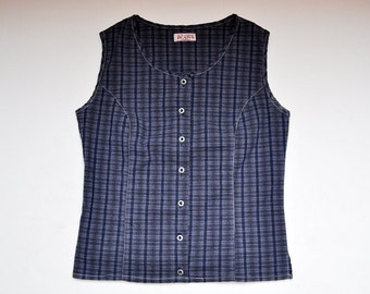 Blusa xadrez azul vintage sem mangas com botões
