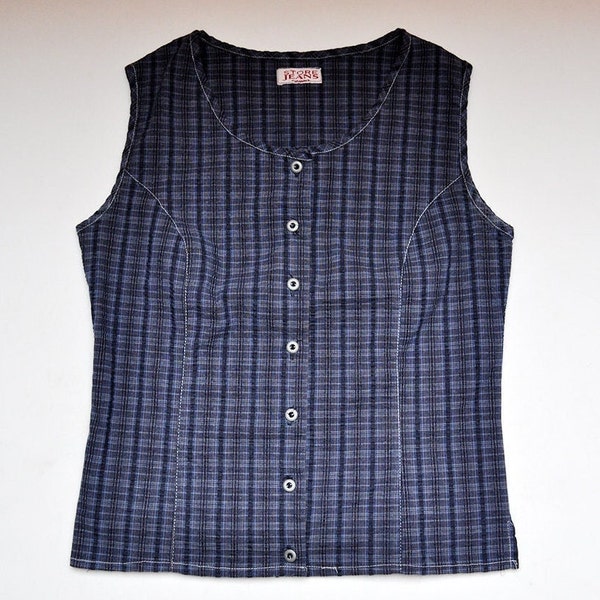 Vintage Blue Plaid Sleeveless Button Up Top