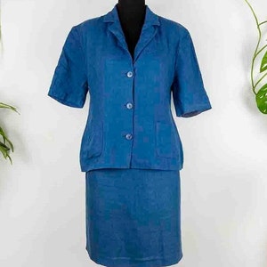 Vintage Blauer Leinen-Mischung Zweiteiler Rock Anzug