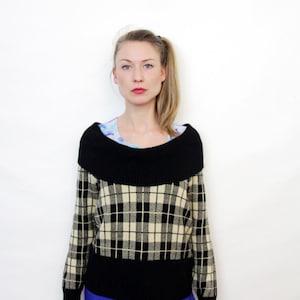 Vintage Black and Cream Plaid Cowl Neck Sweater image 1